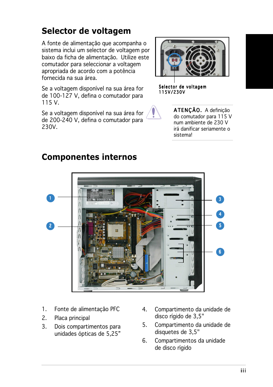 Selector de voltagem, Componentes internos, Portugu ê s | Asus Vintage-AE1 User Manual | Page 51 / 80