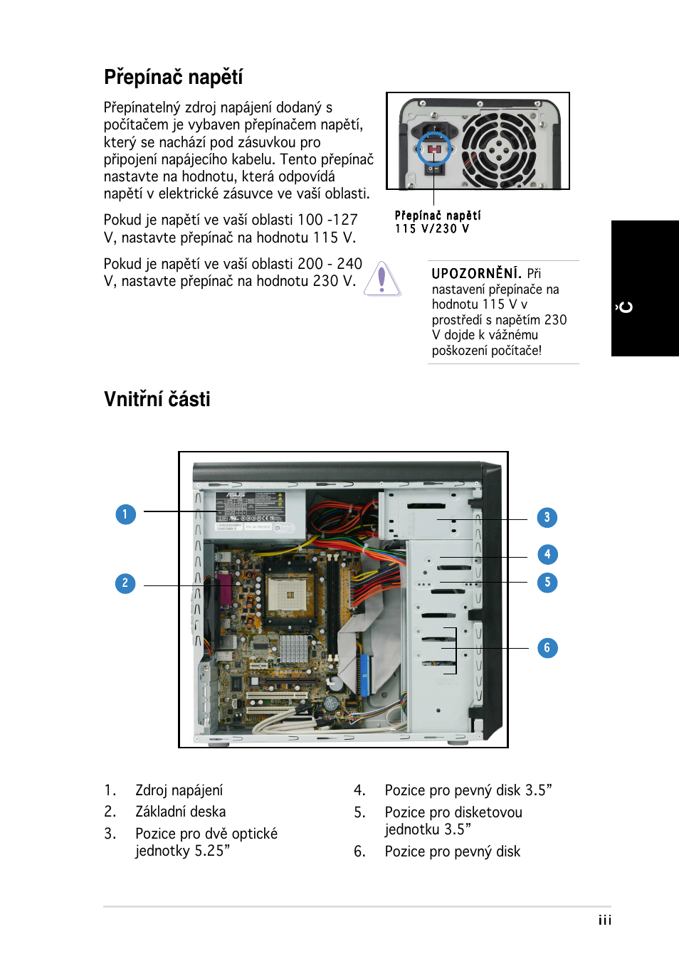 Přepínač napětí, Vnitřní části, Česky | Asus Vintage-AE1 User Manual | Page 59 / 80