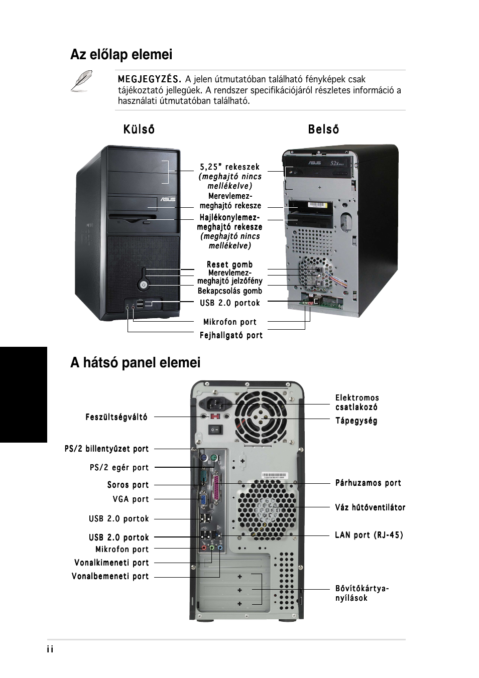 Az előlap elemei, A hátsó panel elemei, Magyar | Külső, Külső belső belső belső belső belső | Asus Vintage-AE1 User Manual | Page 74 / 80