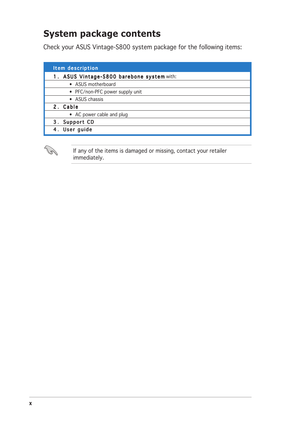 System package contents | Asus Vintage User Manual | Page 10 / 90