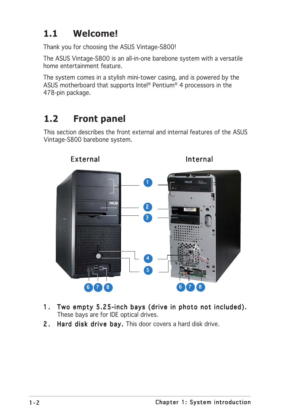 2 front panel, 1 welcome, External | Asus Vintage User Manual | Page 12 / 90