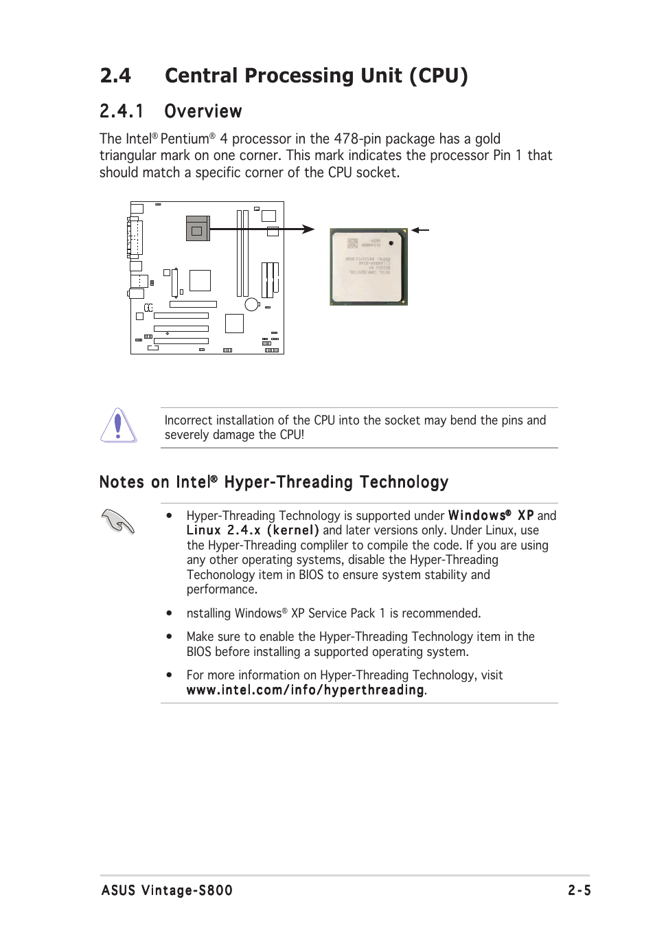 4 central processing unit (cpu), 1 overview overview overview overview overview, Hyper-threading technology | Asus Vintage User Manual | Page 21 / 90