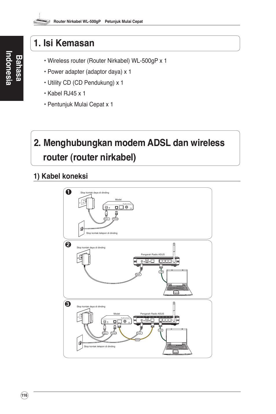 Isi kemasan, 1) kabel koneksi, Bahasa indonesia | Asus WL-500gP User Manual | Page 117 / 131