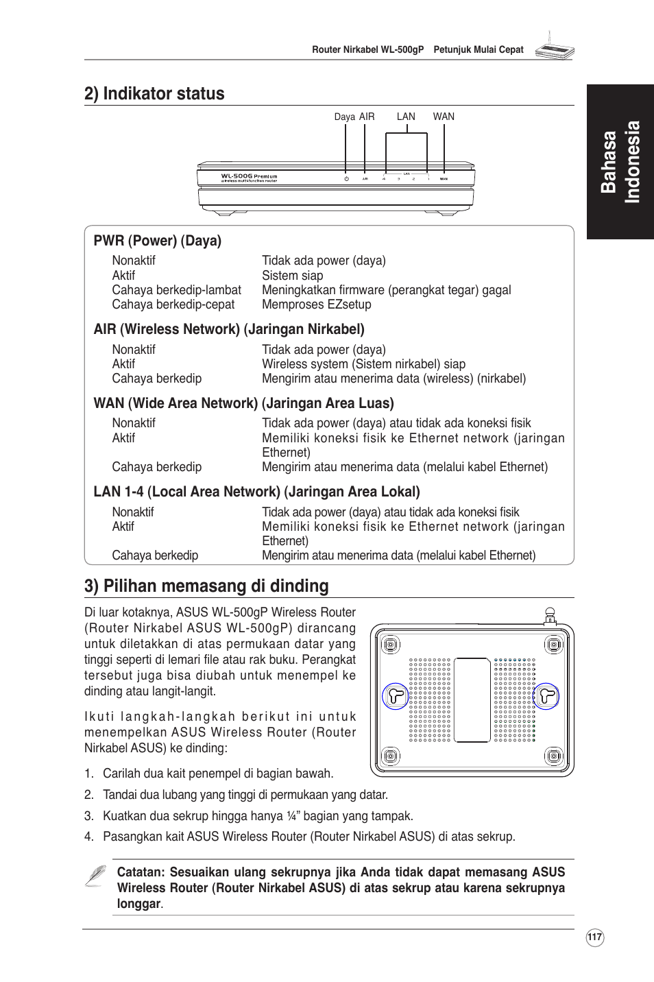 2) indikator status, 3) pilihan memasang di dinding, Bahasa indonesia | Asus WL-500gP User Manual | Page 118 / 131