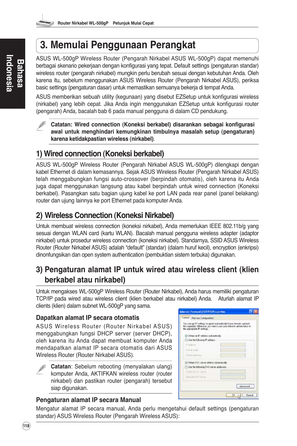 Memulai penggunaan perangkat, 1) wired connection (koneksi berkabel), 2) wireless connection (koneksi nirkabel) | Bahasa indonesia | Asus WL-500gP User Manual | Page 119 / 131