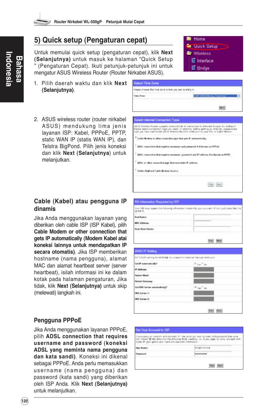 5) quick setup (pengaturan cepat), Bahasa indonesia | Asus WL-500gP User Manual | Page 121 / 131