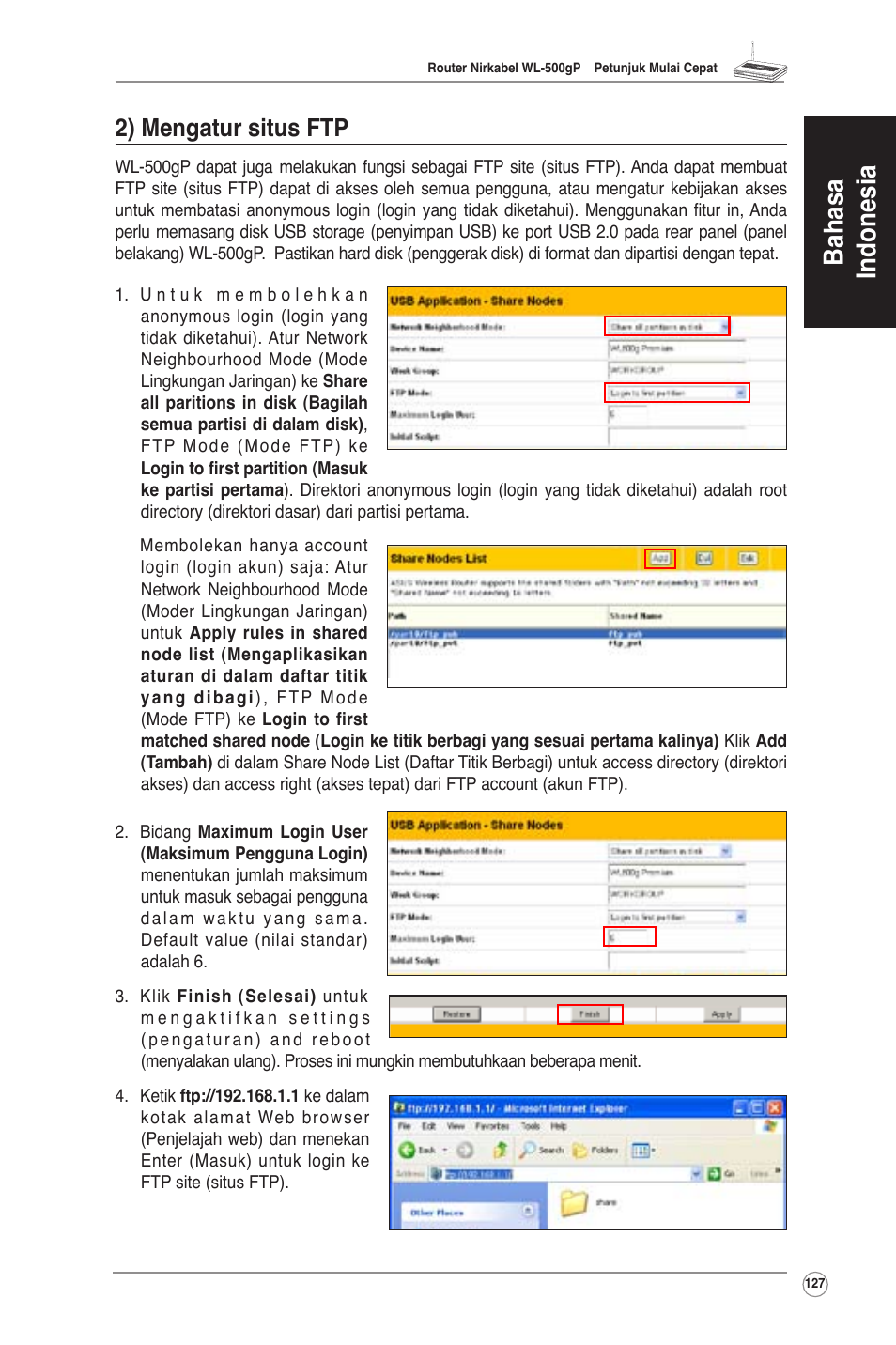 2) mengatur situs ftp, Bahasa indonesia | Asus WL-500gP User Manual | Page 128 / 131