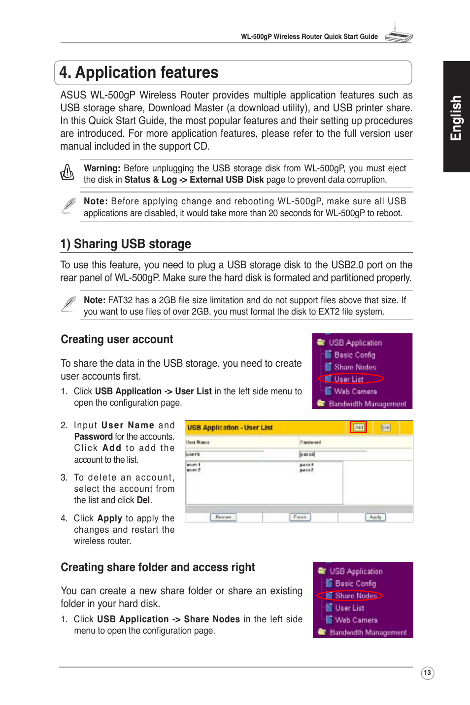 Application features, 1).sharing.usb.storage, English | 1) sharing usb storage, Creating share folder and access right, Creating user account | Asus WL-500gP User Manual | Page 14 / 131