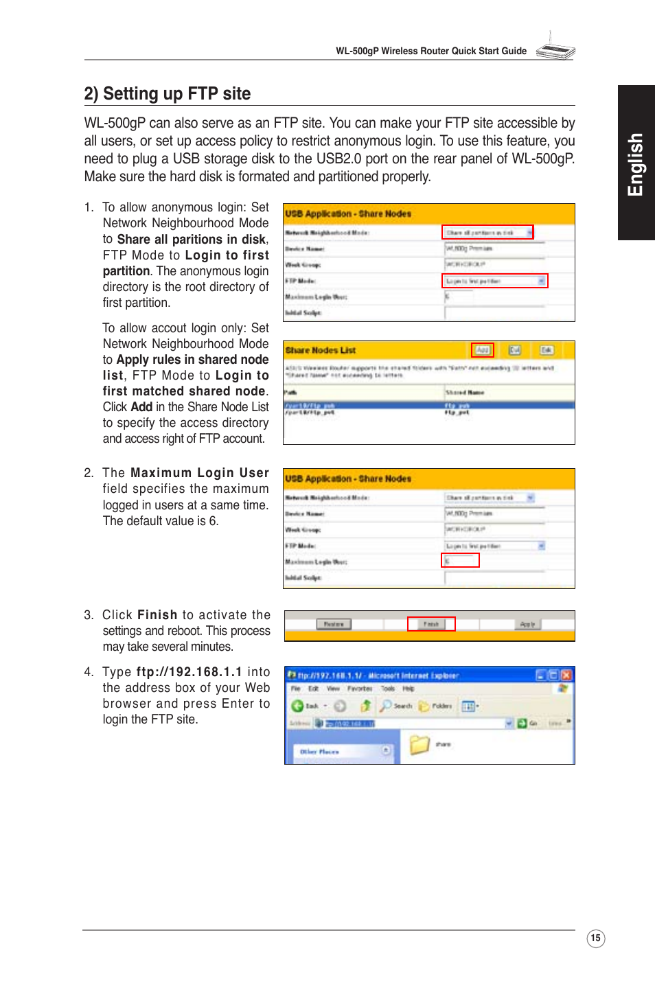 2).setting.up.ftp.site, English, 2) setting up ftp site | Asus WL-500gP User Manual | Page 16 / 131