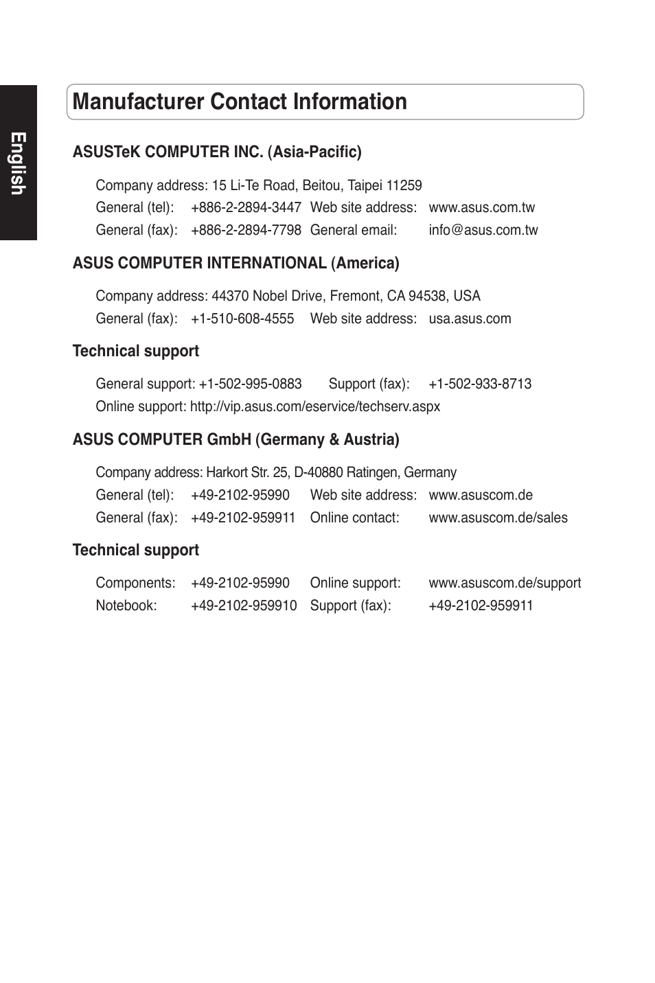 Manufacturer contact information, English | Asus WL-500gP User Manual | Page 3 / 131