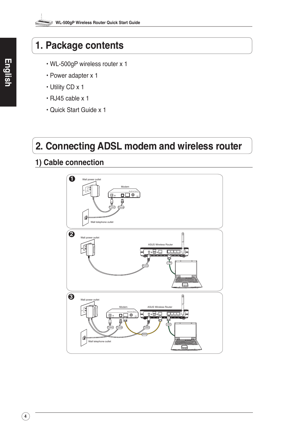 1).cable.connection, English, 1) cable connection | Asus WL-500gP User Manual | Page 5 / 131