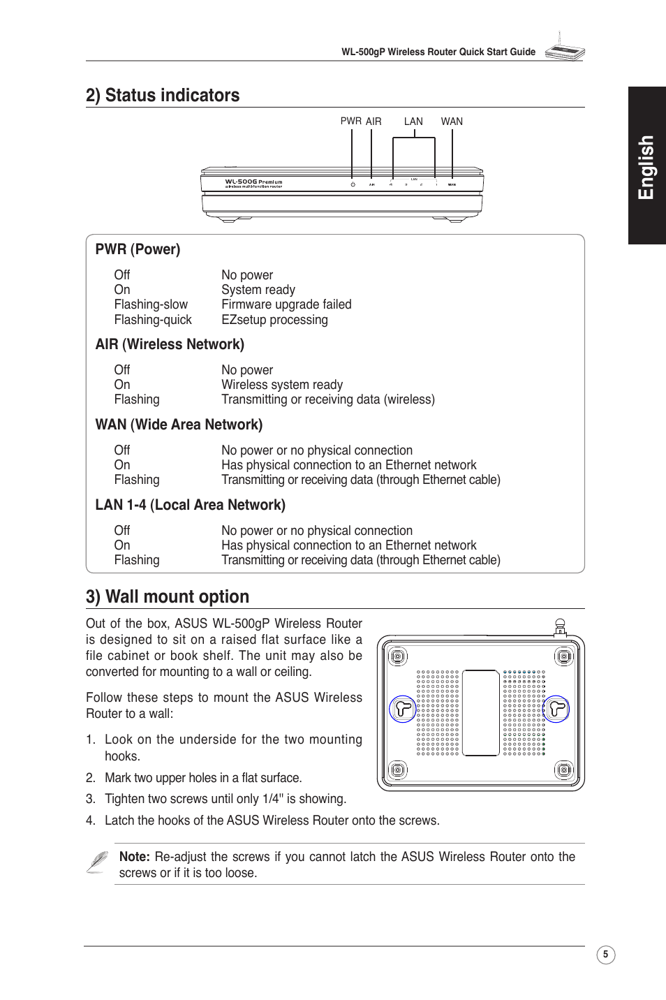 2).status.indicators 3).wall.mount.option, English, 2) status indicators | 3) wall mount option | Asus WL-500gP User Manual | Page 6 / 131