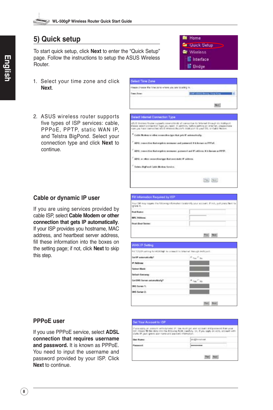 5).quick.setup, English, 5) quick setup | Asus WL-500gP User Manual | Page 9 / 131