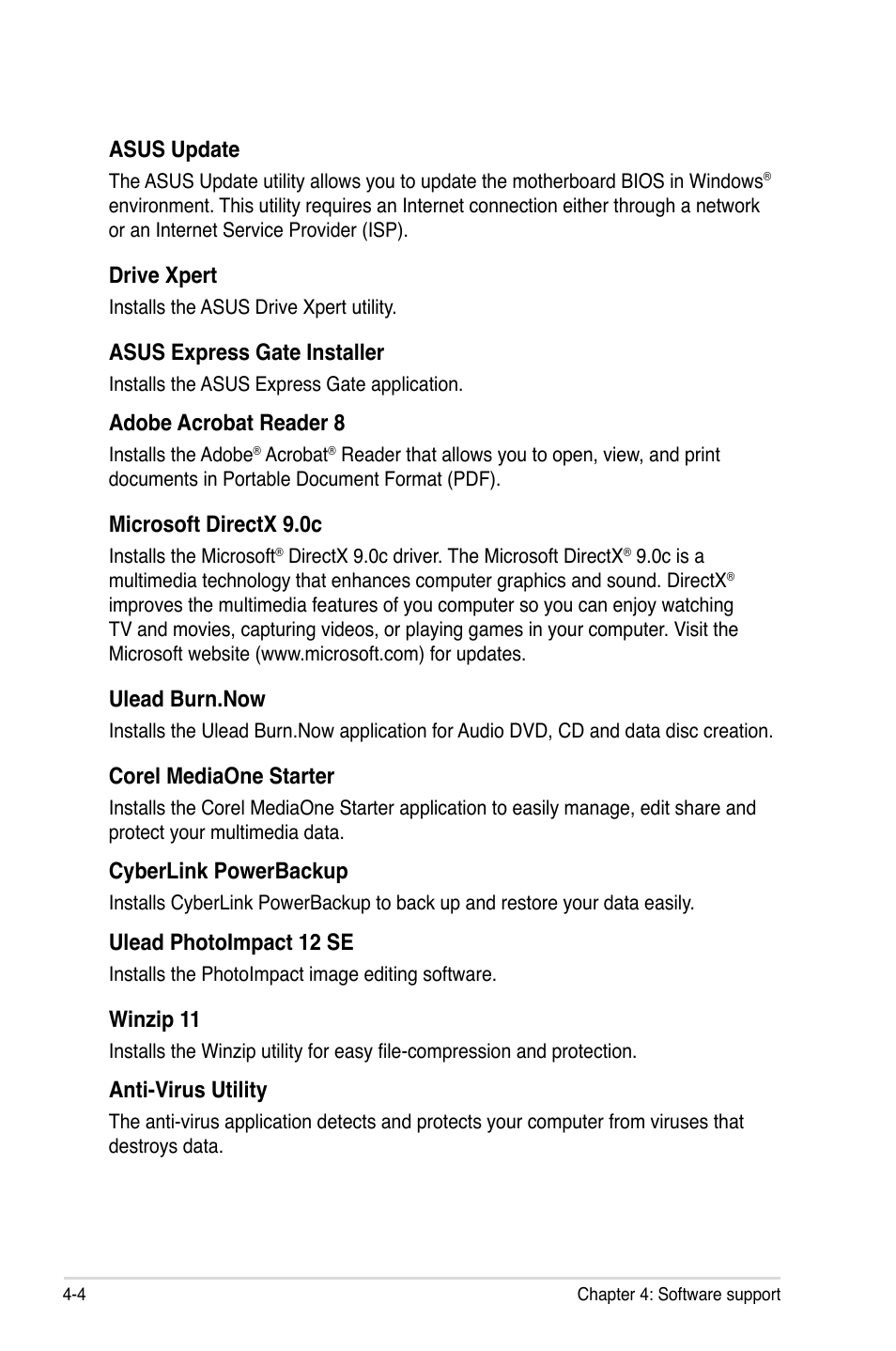 Asus update, Drive xpert, Asus express gate installer | Adobe acrobat reader 8, Microsoft directx 9.0c, Ulead burn.now, Corel mediaone starter, Cyberlink powerbackup, Ulead photoimpact 12 se, Winzip 11 | Asus P5QC User Manual | Page 116 / 188