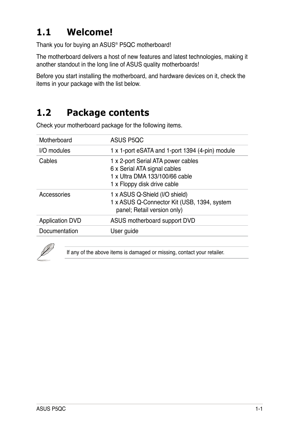 1 welcome, 2 package contents, Welcome! -1 | Package contents -1 | Asus P5QC User Manual | Page 17 / 188