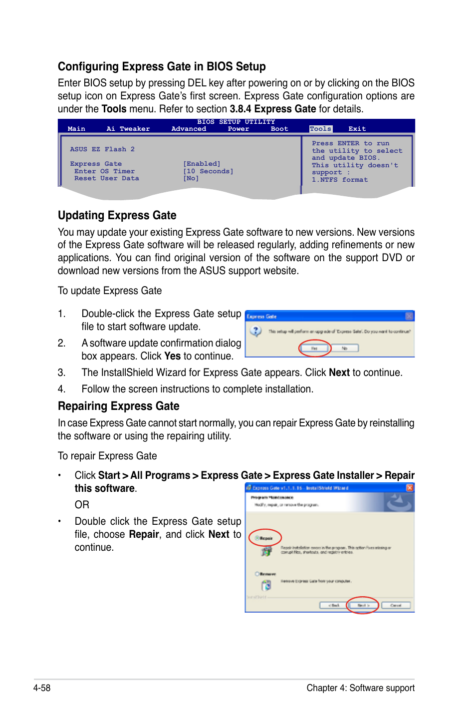 Configuring express gate in bios setup, Updating express gate, Repairing express gate | Asus P5QC User Manual | Page 170 / 188