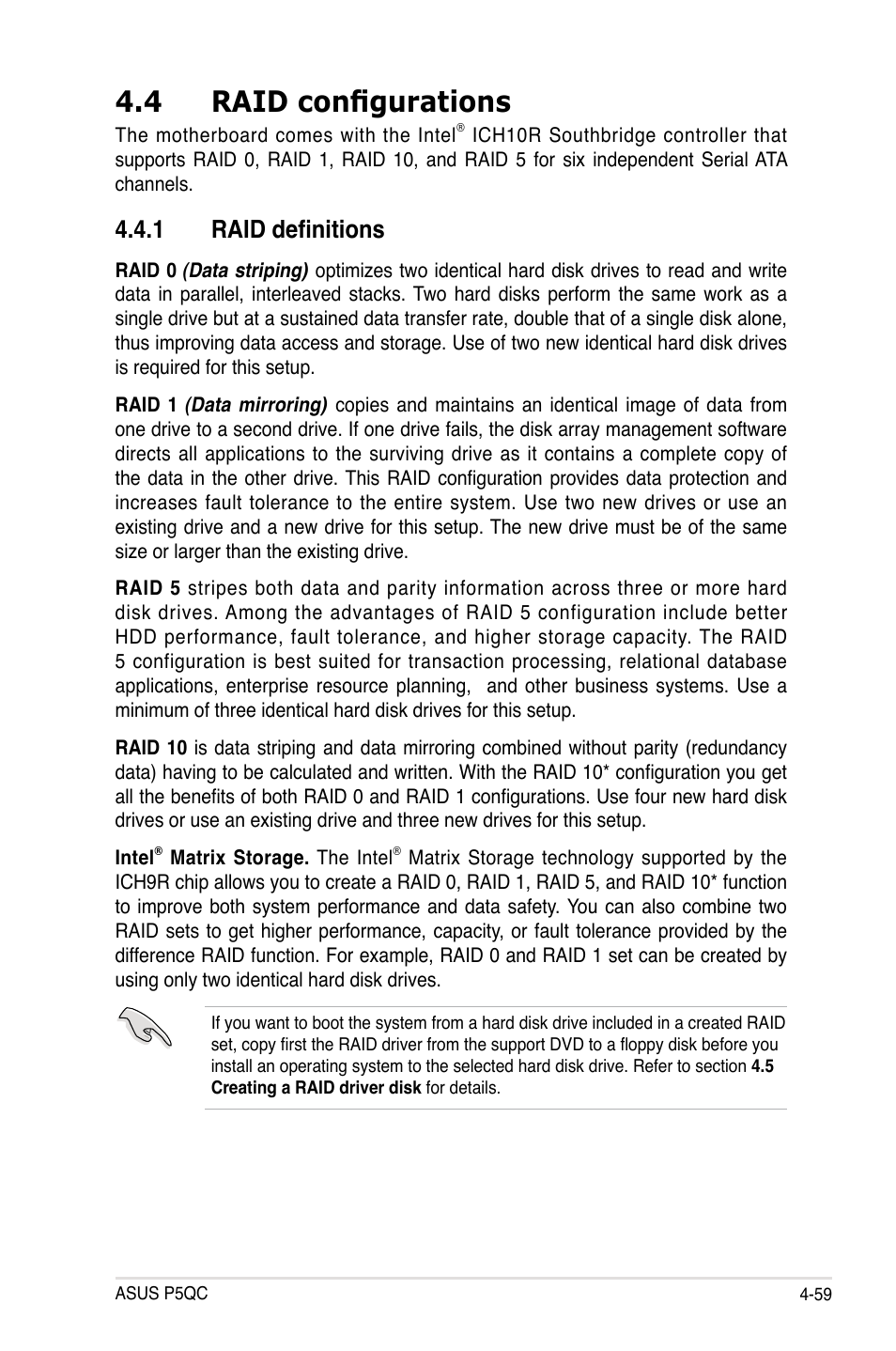 4 raid configurations, 1 raid definitions, Raid configurations -59 4.4.1 | Raid definitions -59 | Asus P5QC User Manual | Page 171 / 188