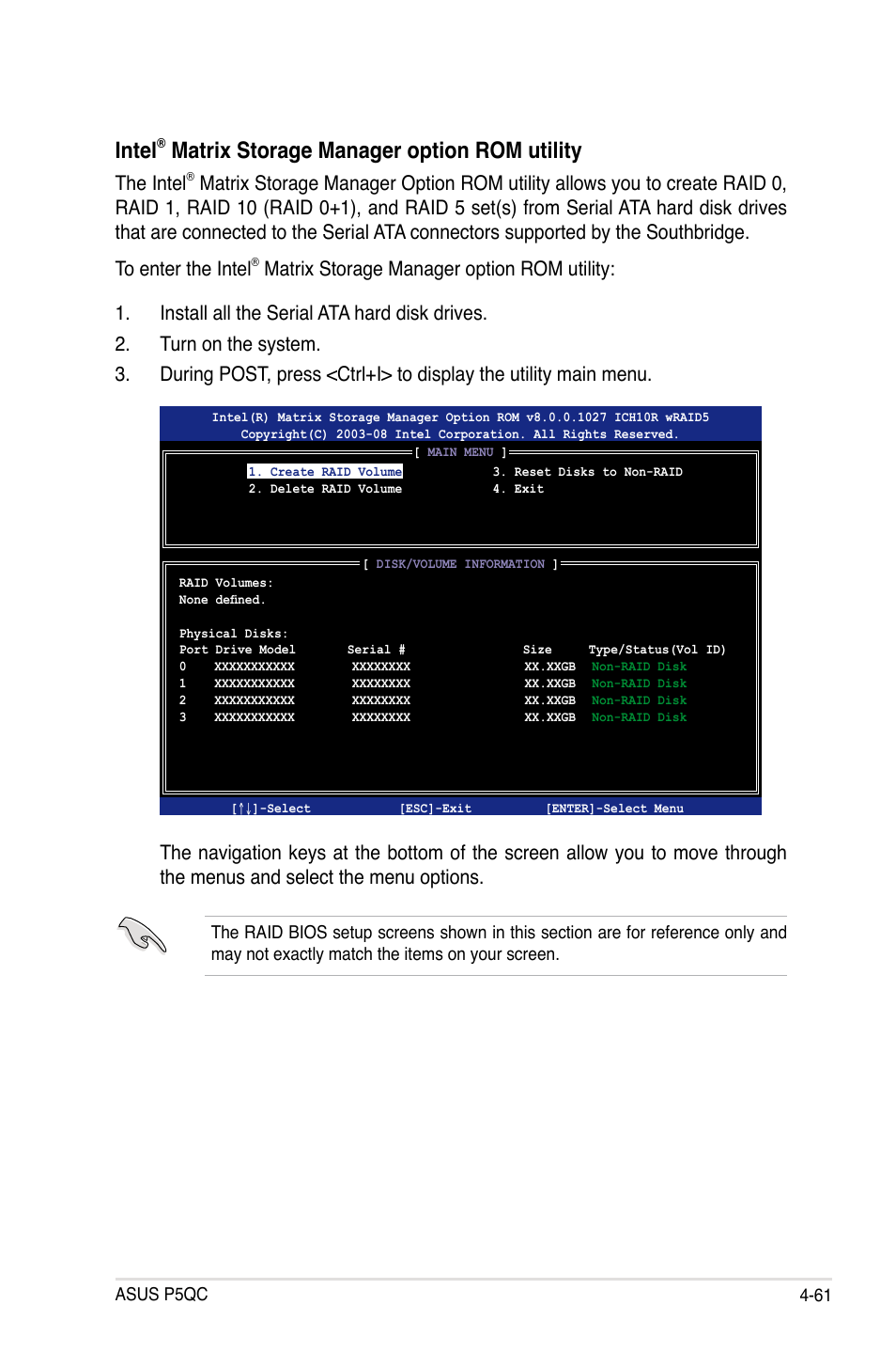 Intel, Matrix storage manager option rom utility, The intel | Asus P5QC User Manual | Page 173 / 188