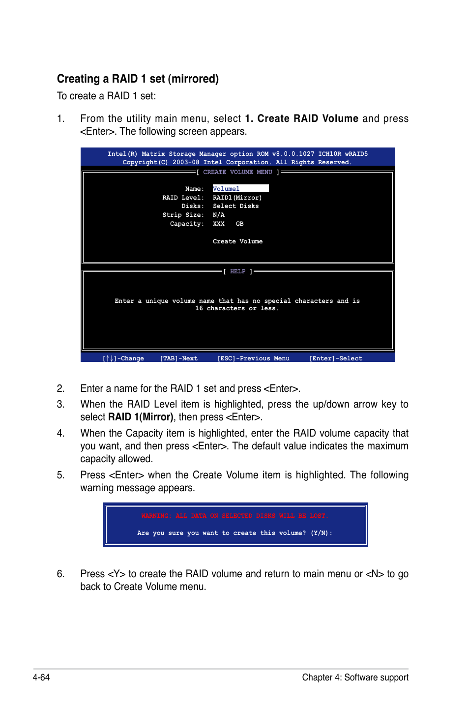 Creating a raid 1 set (mirrored) | Asus P5QC User Manual | Page 176 / 188