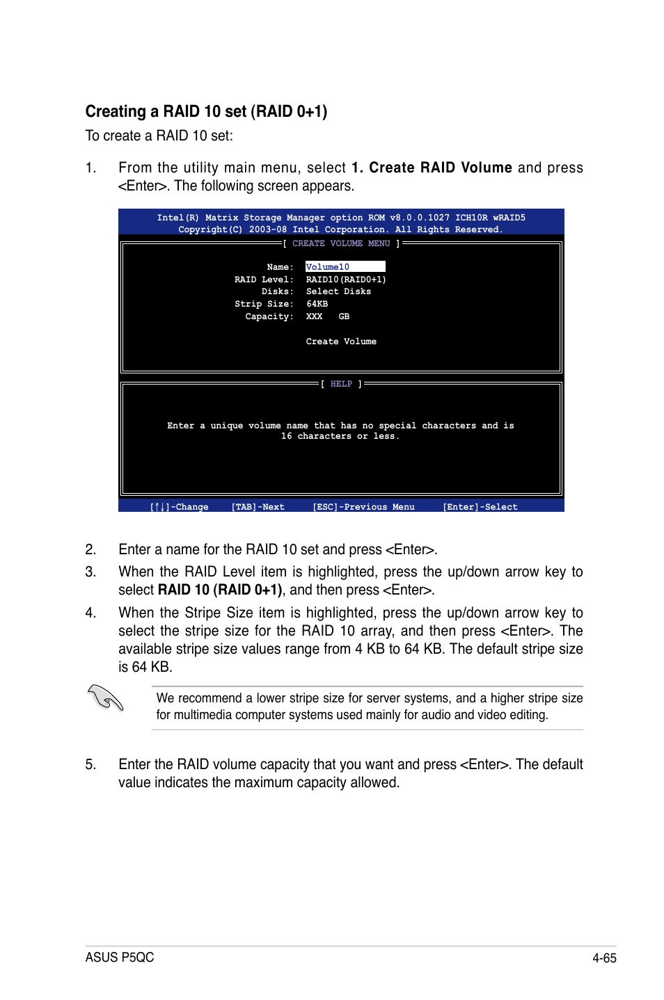 Creating a raid 10 set (raid 0+1) | Asus P5QC User Manual | Page 177 / 188