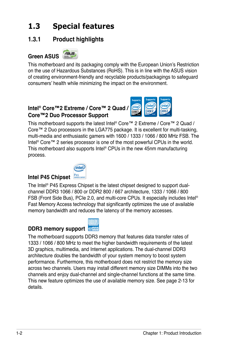 3 special features, 1 product highlights, Special features -2 1.3.1 | Product highlights -2 | Asus P5QC User Manual | Page 18 / 188