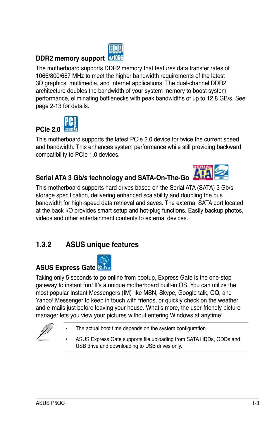 2 asus unique features, Asus unique features -3 | Asus P5QC User Manual | Page 19 / 188