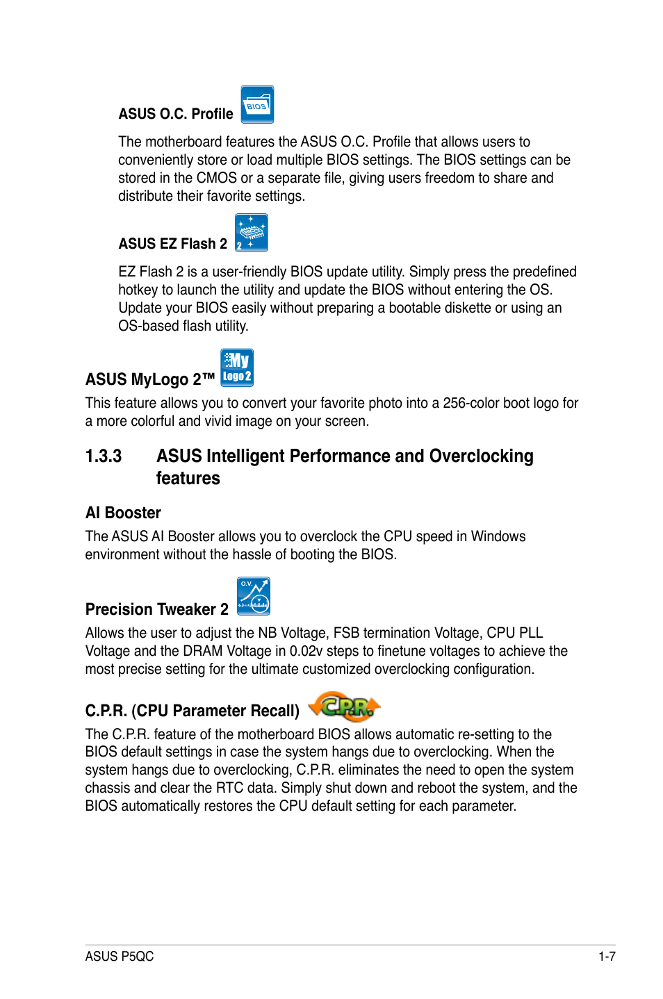 Asus intelligent performance and, Overclocking features -7 | Asus P5QC User Manual | Page 23 / 188