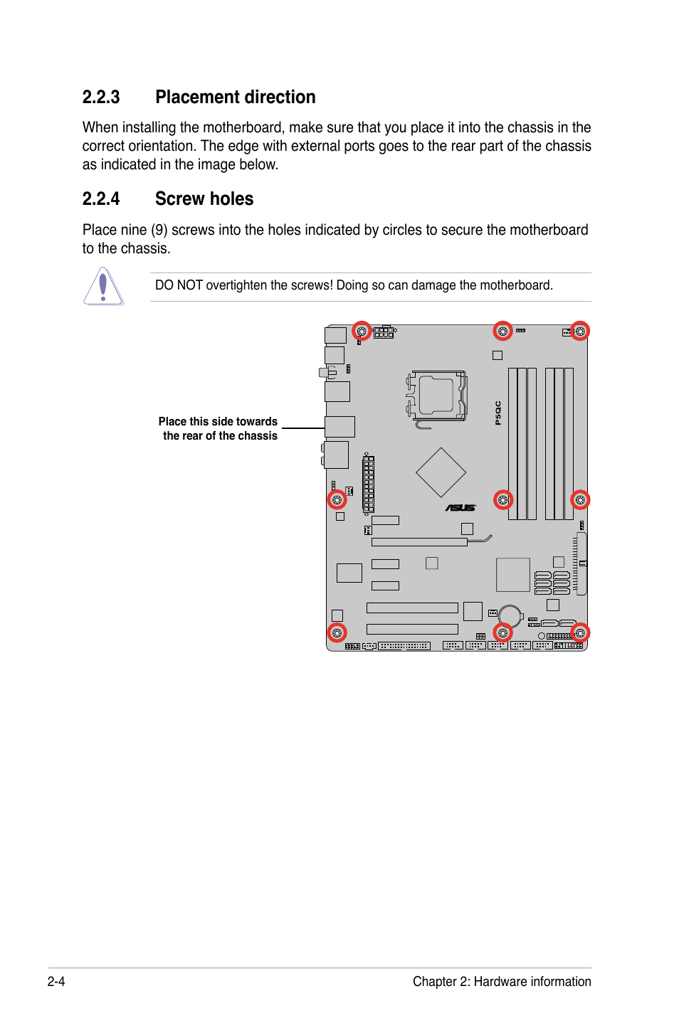 3 placement direction, 4 screw holes, Placement direction -4 | Screw holes -4 | Asus P5QC User Manual | Page 30 / 188