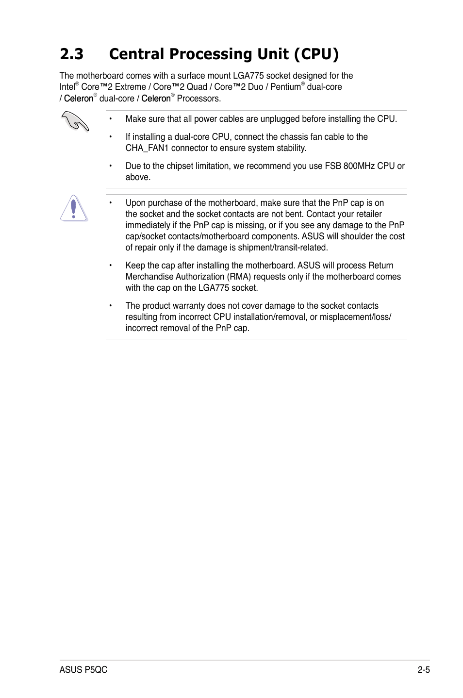 3 central processing unit (cpu), Central processing unit (cpu) -5 | Asus P5QC User Manual | Page 31 / 188