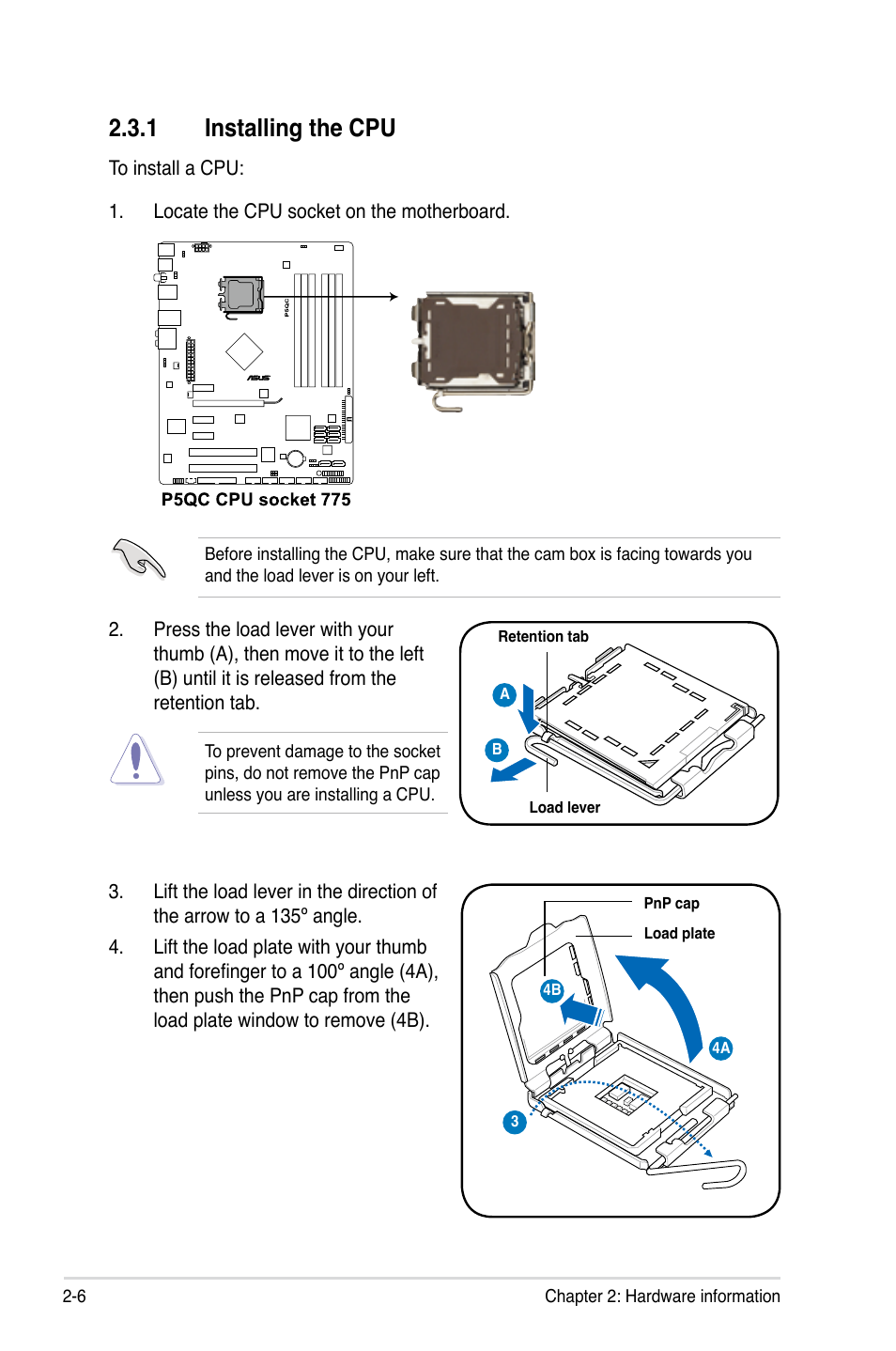 1 installing the cpu, Installing the cpu -6 | Asus P5QC User Manual | Page 32 / 188