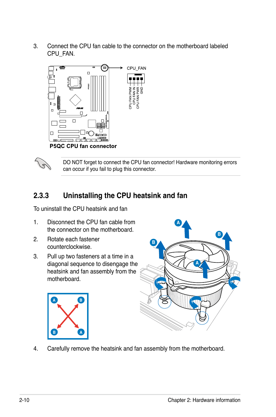 3 uninstalling the cpu heatsink and fan, Uninstalling the cpu heatsink and fan -10 | Asus P5QC User Manual | Page 36 / 188