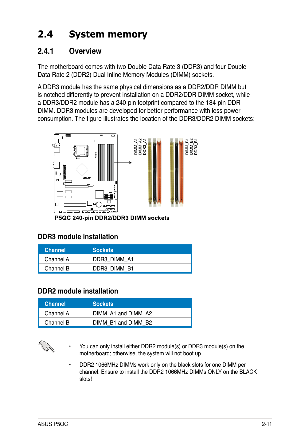 4 system memory, 1 overview, System memory -11 2.4.1 | Overview -11 | Asus P5QC User Manual | Page 37 / 188