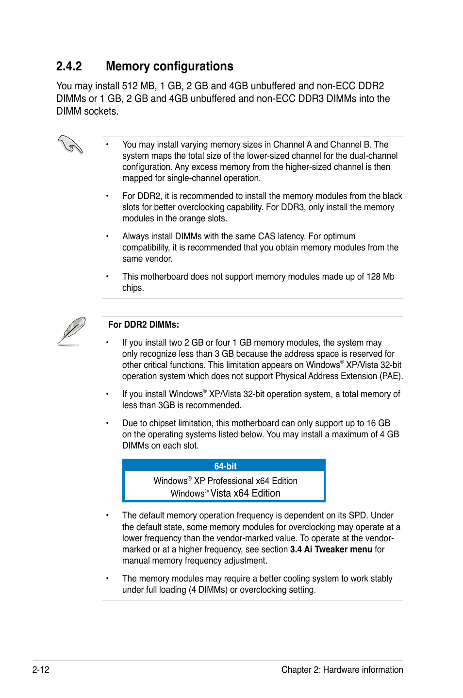 2 memory configurations, Memory configurations -12 | Asus P5QC User Manual | Page 38 / 188