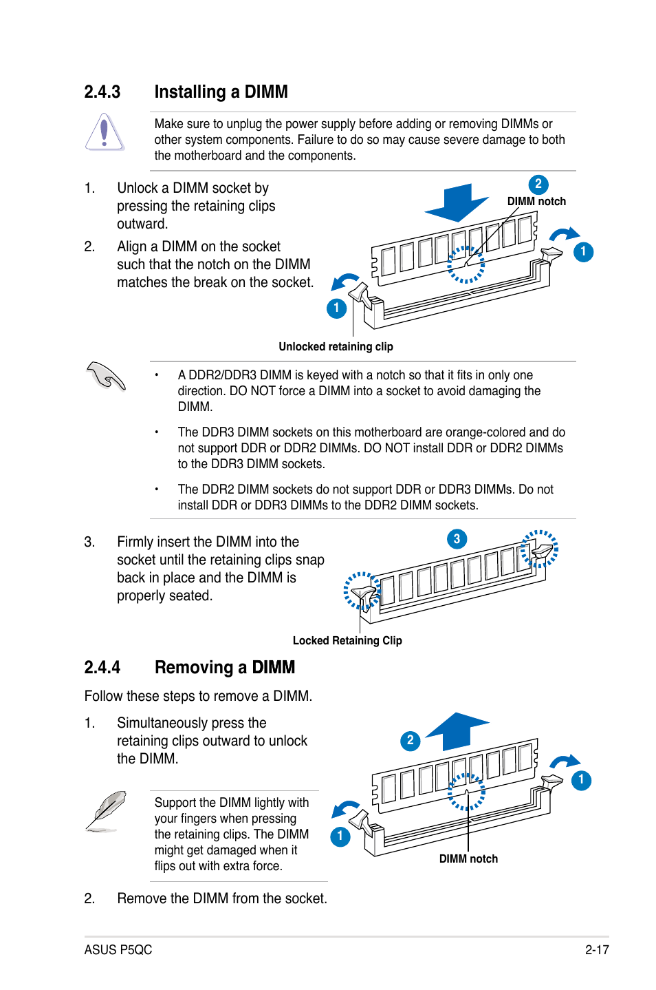 3 installing a dimm, 4 removing a dimm, Installing a dimm -17 | Removing a dimm -17, 4 removing a dimm dimm dimm | Asus P5QC User Manual | Page 43 / 188