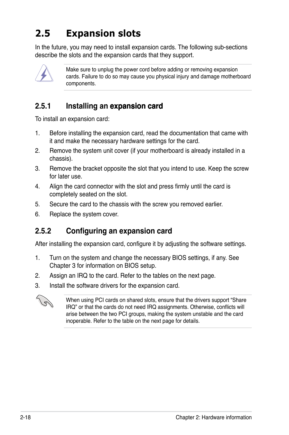 5 expansion slots, 1 installing an expansion card, 2 configuring an expansion card | Expansion slots -18 2.5.1, Installing an expansion card -18, Configuring an expansion card -18 | Asus P5QC User Manual | Page 44 / 188