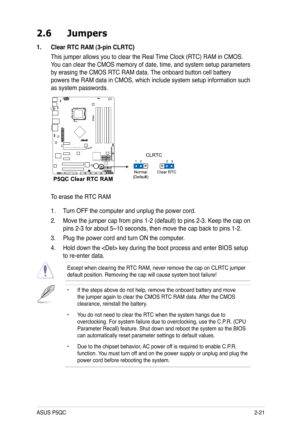 6 jumpers, Jumpers -21 | Asus P5QC User Manual | Page 47 / 188