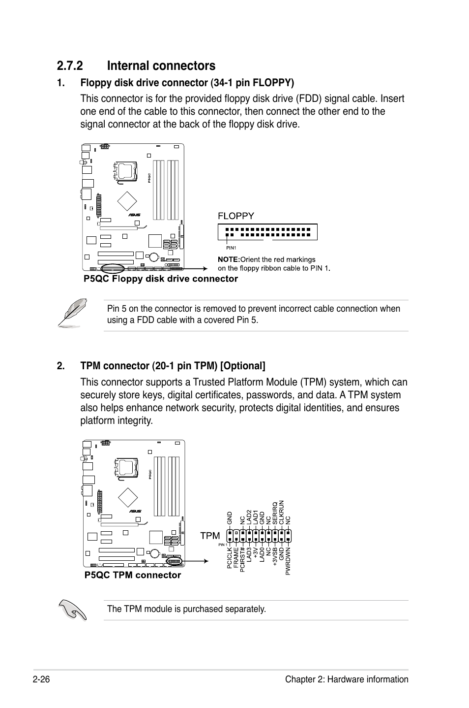 2 internal connectors, Internal connectors -26 | Asus P5QC User Manual | Page 52 / 188