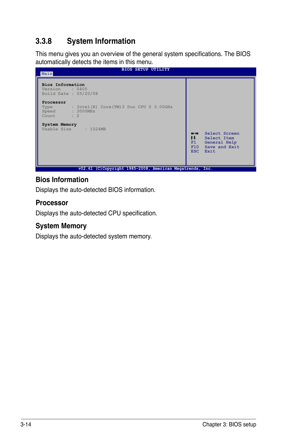 8 system information, System information -14, Bios information | Processor, Displays the auto-detected bios information, Displays the auto-detected cpu specification | Asus P5QC User Manual | Page 82 / 188