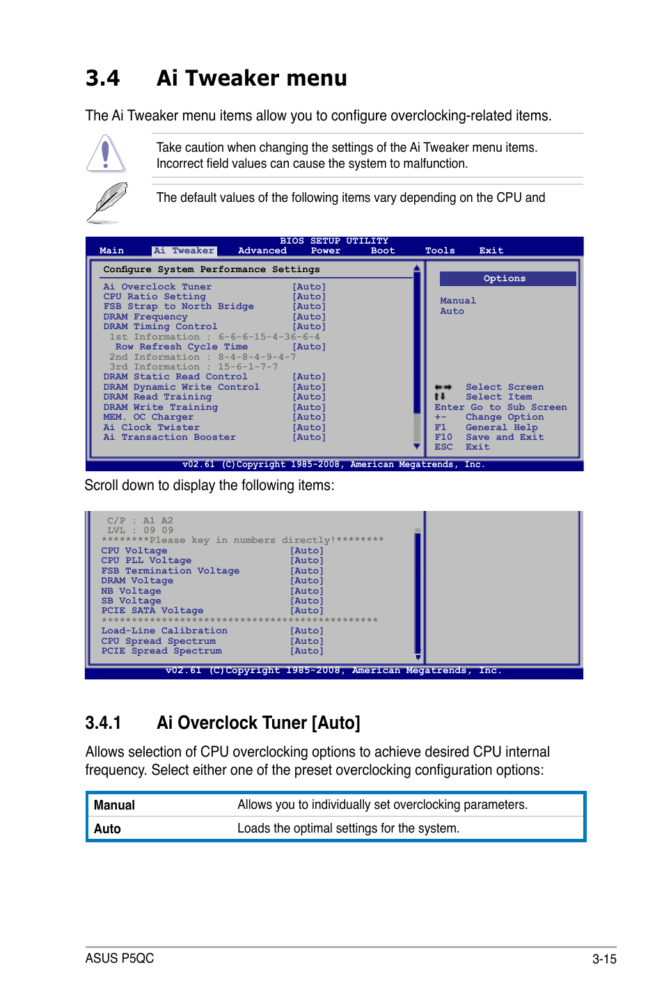 4 ai tweaker menu, 1 ai overclock tuner [auto, Ai tweaker menu -15 3.4.1 | Ai overclock tuner -15, Scroll down to display the following items, Asus p5qc 3-15 | Asus P5QC User Manual | Page 83 / 188