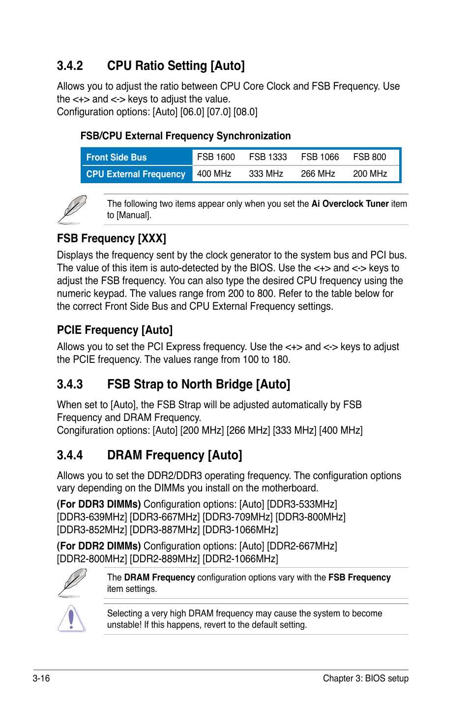 2 cpu ratio setting [auto, 3 fsb strap to north bridge [auto, 4 dram frequency [auto | Cpu ratio setting -16, Fsb strap to north bridge -16, Dram frequency -16 | Asus P5QC User Manual | Page 84 / 188