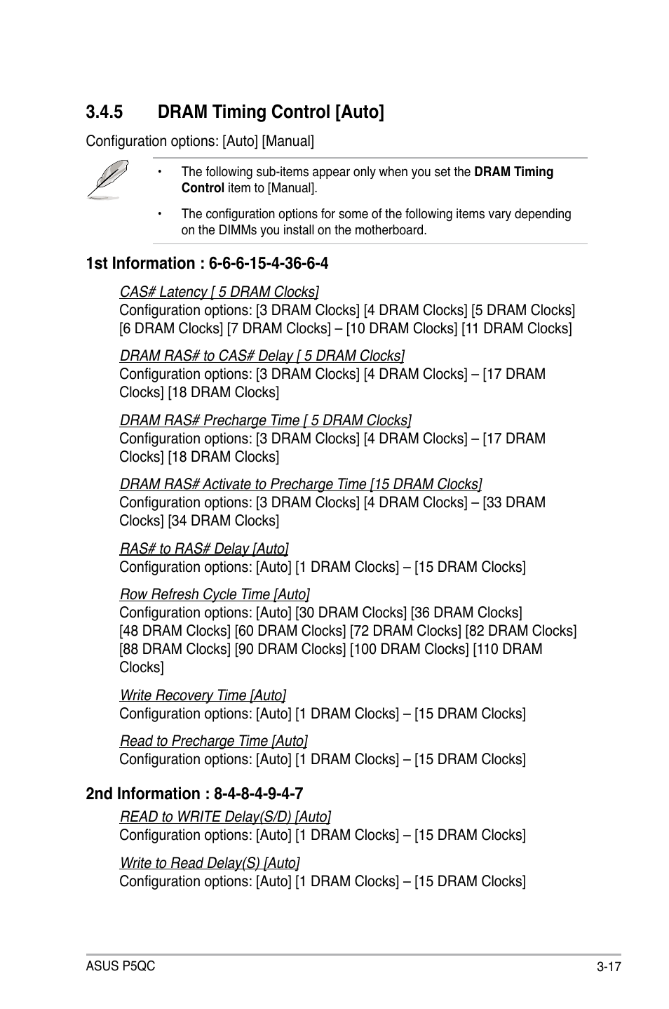 5 dram timing control [auto, Dram timing control -17 | Asus P5QC User Manual | Page 85 / 188