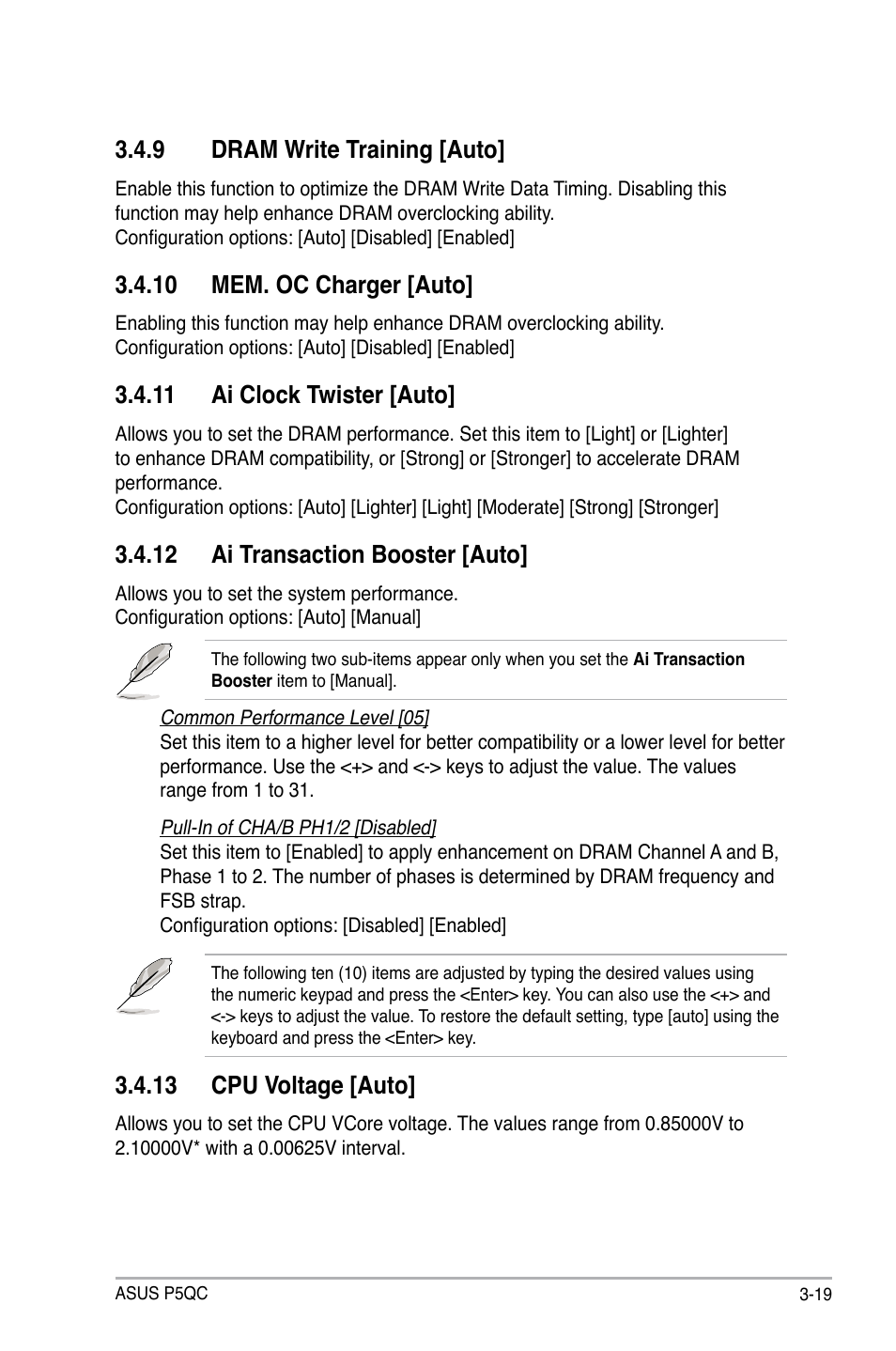 9 dram write training [auto, 10 mem. oc charger [auto, 11 ai clock twister [auto | 12 ai transaction booster [auto, 13 cpu voltage [auto, Dram write training -19 | Asus P5QC User Manual | Page 87 / 188