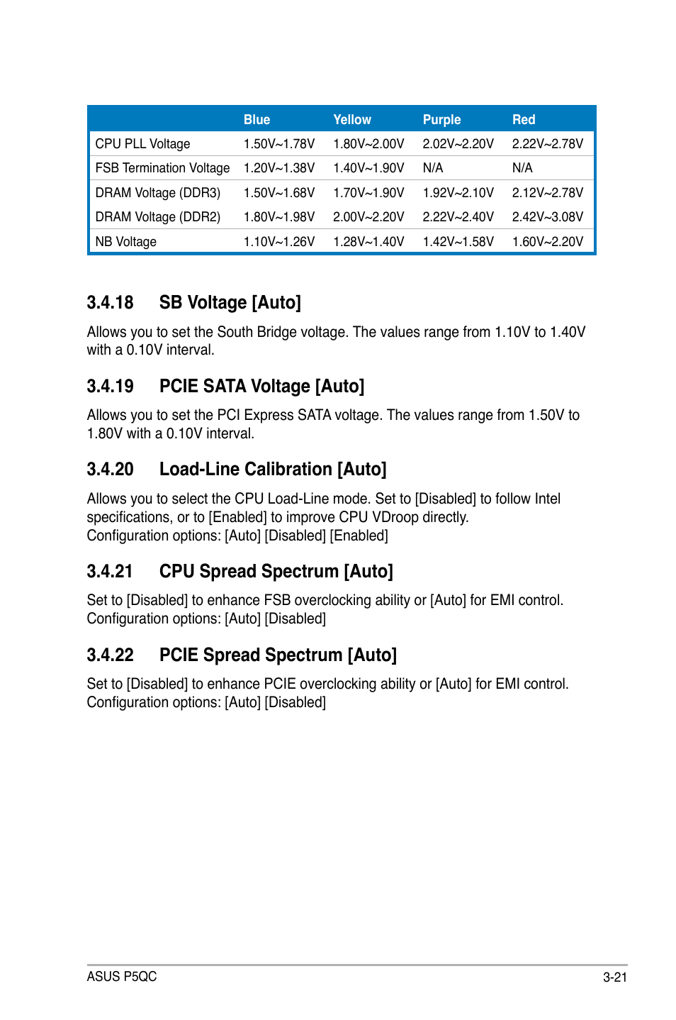 18 sb voltage [auto, 19 pcie sata voltage [auto, 20 load-line calibration [auto | 21 cpu spread spectrum [auto, 22 pcie spread spectrum [auto | Asus P5QC User Manual | Page 89 / 188