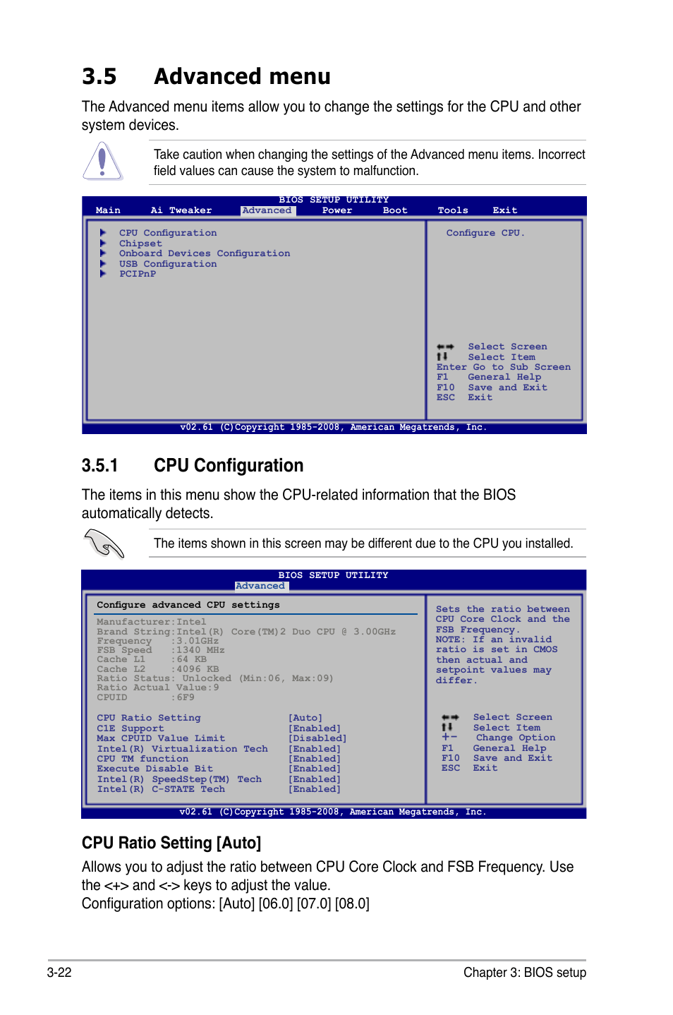 5 advanced menu, 1 cpu configuration, Advanced menu -22 3.5.1 | Cpu configuration -22, Cpu ratio setting [auto | Asus P5QC User Manual | Page 90 / 188