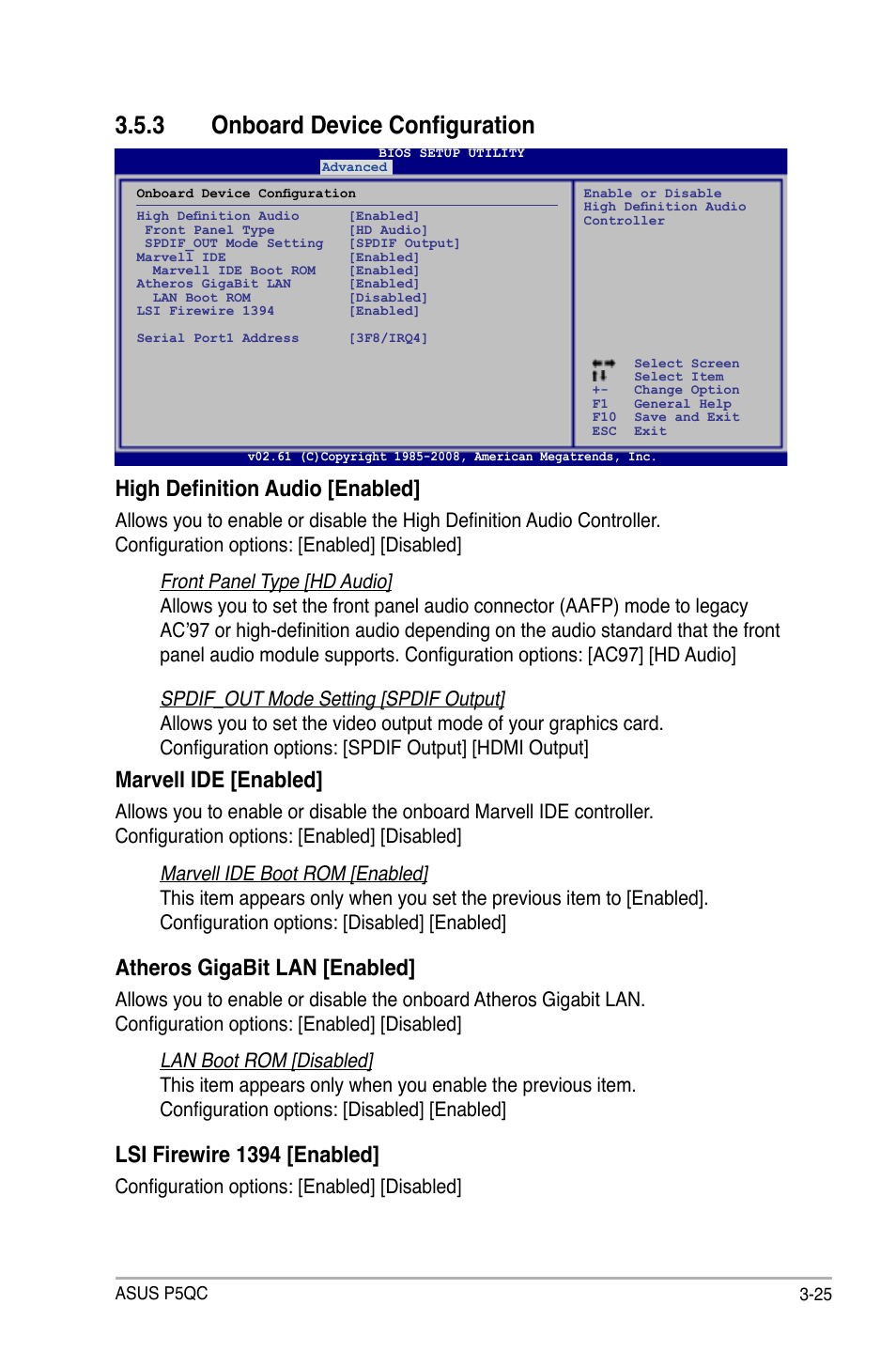 3 onboard device configuration, Onboard device configuration -25, High definition audio [enabled | Marvell ide [enabled, Atheros gigabit lan [enabled, Lsi firewire 1394 [enabled | Asus P5QC User Manual | Page 93 / 188