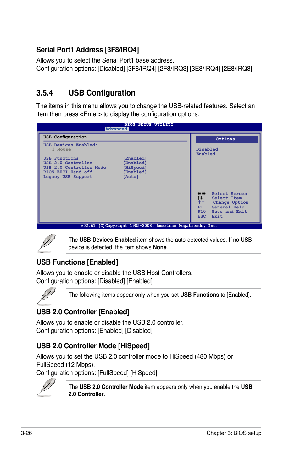 4 usb configuration, Usb configuration -26, Serial port1 address [3f8/irq4 | Usb functions [enabled, Usb 2.0 controller [enabled, Usb 2.0 controller mode [hispeed | Asus P5QC User Manual | Page 94 / 188