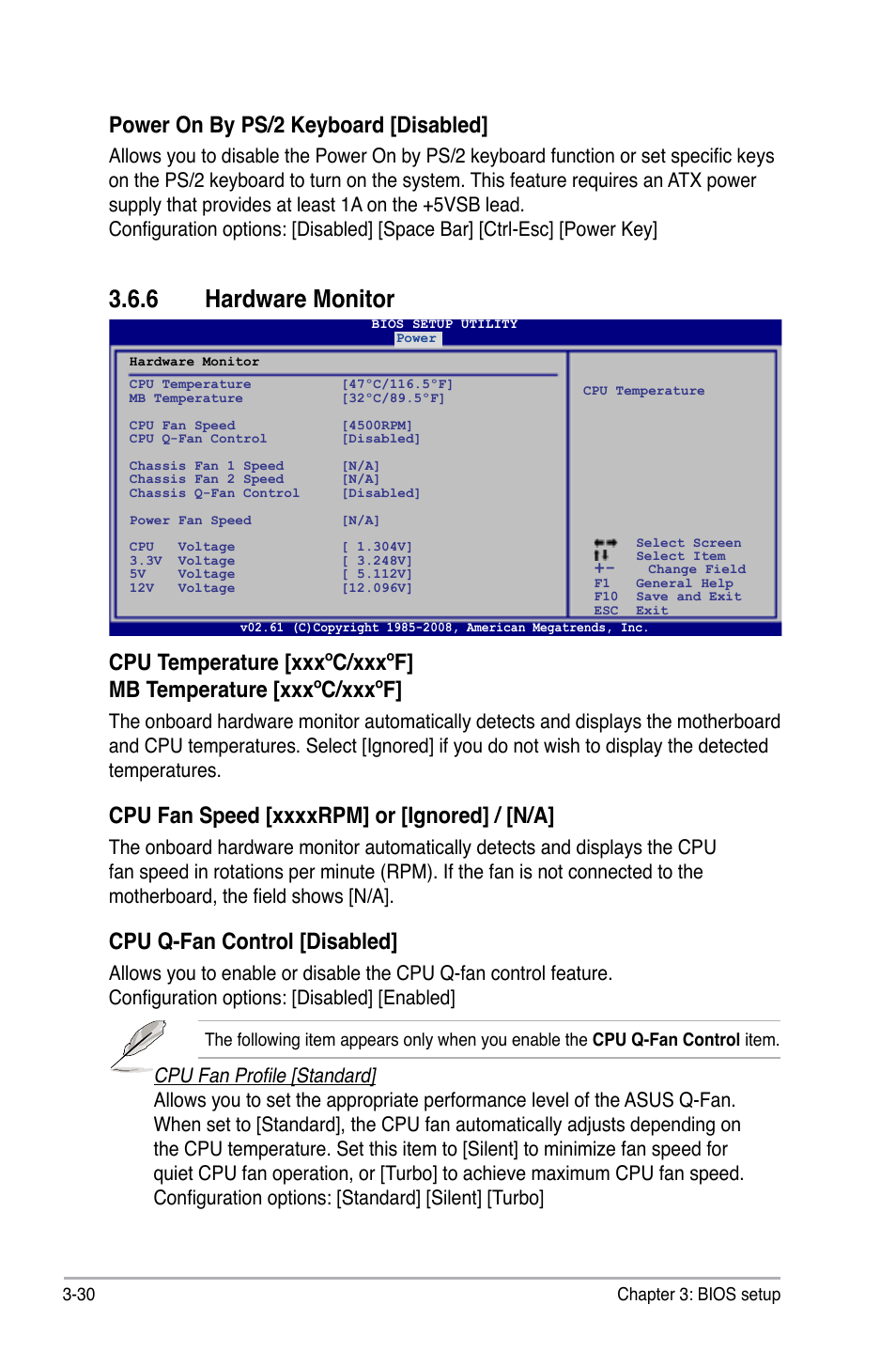 6 hardware monitor, Hardware monitor -30, Power on by ps/2 keyboard [disabled | Cpu q-fan control [disabled | Asus P5QC User Manual | Page 98 / 188