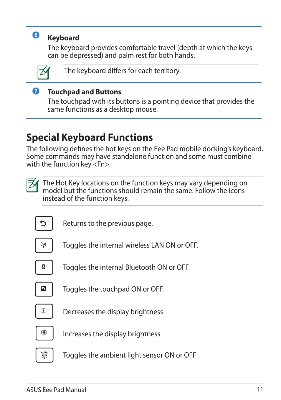 Special keyboard functions, Returns to the previous page, Toggles the internal wireless lan on or off | Toggles the internal bluetooth on or off, Toggles the touchpad on or off, Decreases the display brightness, Increases the display brightness, Toggles the ambient light sensor on or off, Asus eee pad manual 11 | Asus Eee Pad Transformer TF101G User Manual | Page 11 / 56