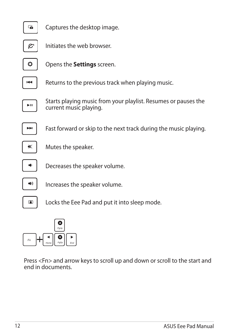 Captures the desktop image, Initiates the web browser, Opens the settings screen | Returns to the previous track when playing music, Mutes the speaker, Decreases the speaker volume, Increases the speaker volume, Locks the eee pad and put it into sleep mode, Asus eee pad manual 12 | Asus Eee Pad Transformer TF101G User Manual | Page 12 / 56