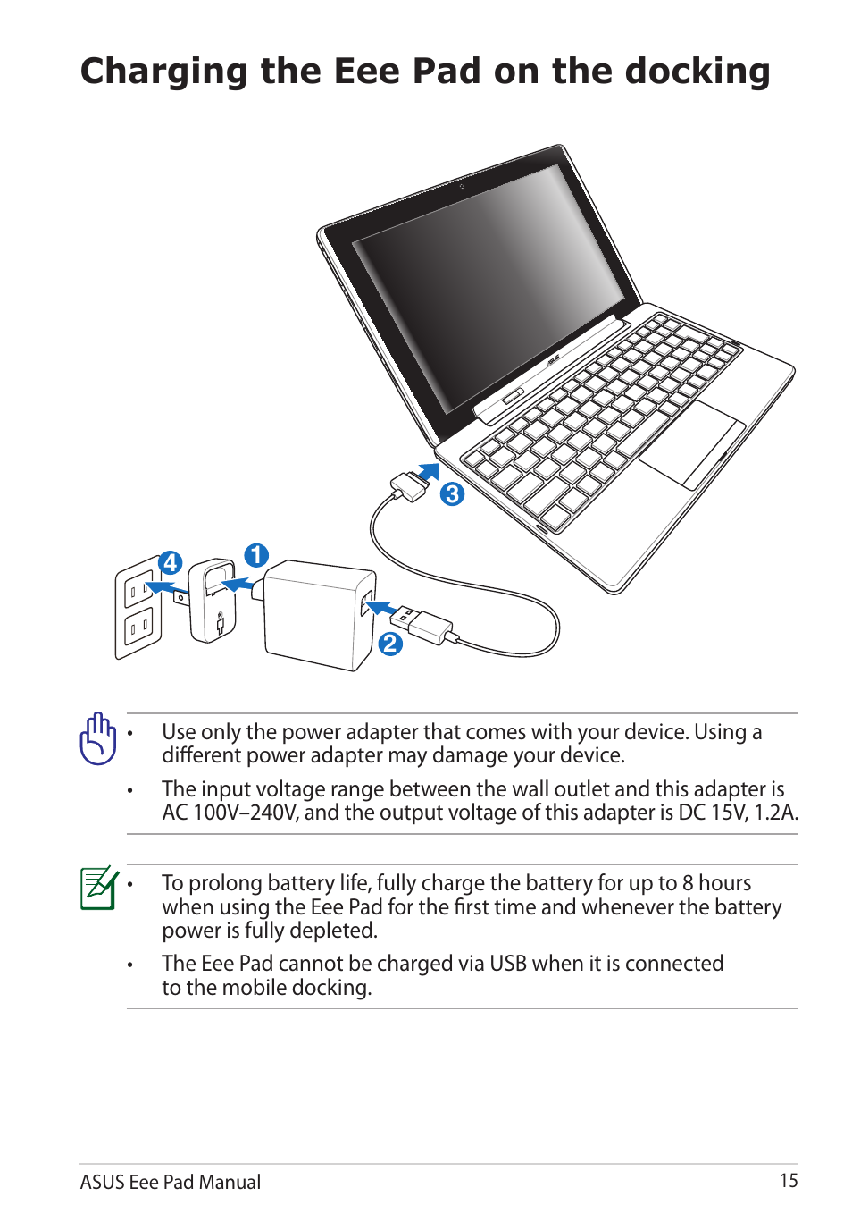 Charging the eee pad on the docking | Asus Eee Pad Transformer TF101G User Manual | Page 15 / 56